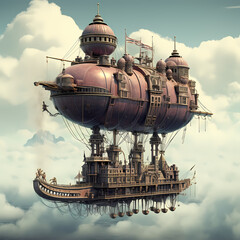 Wall Mural - Victorian-era airship docked on a cloud.