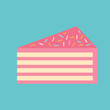 Pink Birthday cake slice. Layered cake. Sponge cakes, white cream cheese frosting. Delicious dessert, pastries. Triangle shape piece. Cute tasty food. Flat design. Blue background. Vector illustration