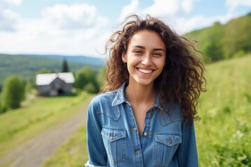 Sticker - Portrait of a cheerful woman in her 20s sporting a versatile denim shirt isolated in quiet countryside landscape