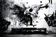 A man is skateboarding on a skate board on grunge background with black ink splatters. Graffiti concept