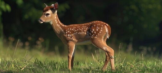 Wall Mural - A baby deer standing on grassy meadow.