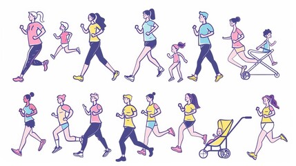 Wall Mural - A set of people jogging, adults and children running marathons, athletes exercising or competing, mothers with babies in strollers, healthy lifestyle concepts, modern line art illustration.