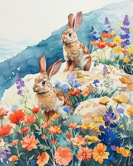 Wall Mural - Watercolor hand drawn scene of rabbits on a mountain, under a clear sky, surrounded by summer flowers, vibrant and serene colors