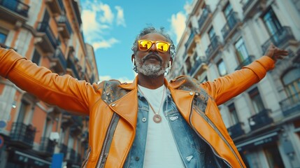 Wall Mural - Senior black man with beard dressed in hipster clothes, elderly people in multicolored glasses and large headphones, standing outdoor on city street, listening music and dancing, AI generated image