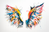 Fototapeta Góry - Two painting wings covered in vibrant colorful splatters on a white wall. Grunge and graffiti style. Design element