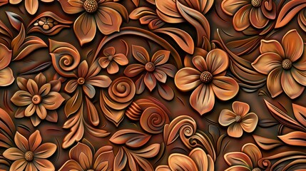 Poster - Abstract floral carving background with wooden texture, carved flowers and leaves, botanical hand made ornament, organic shapes, natural eco color palette, AI generated