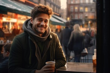 Wall Mural - Portrait of a smiling man in his 30s dressed in a comfy fleece pullover in bustling city cafe