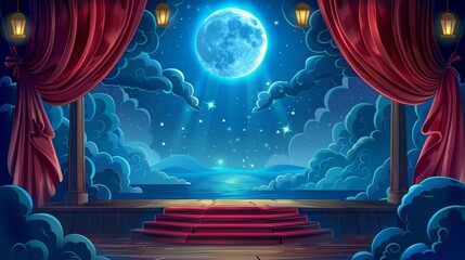 Poster - Stage with red curtains, spotlights, ocean, moon, and clouds. Theatre interior with wooden stage, luxury velvet drapes, and stairwell. Cartoon music hall.