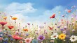 Spring flower meadow. Landscape nature background of beautiful flower. Wildflowers. Copy space