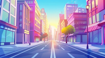Wall Mural - A city street with a road at early dawn, an empty morning driveway with walkways and buildings in pink sunlight. Urban architecture, megalopolis infrastructure cartoon modern illustration.