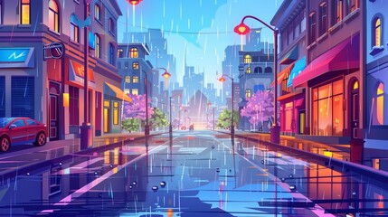 Wall Mural - An empty, wet driveway at dull, rainy weather, with walkways and building facades. Megalopolis infrastructure, urban architecture cartoon modern illustration.