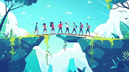 Wall Mural - An illustration of a business team building a bridge over a gap together. Concept of teamwork, cooperation, corporate communication, and partnership with people, modern flat design.