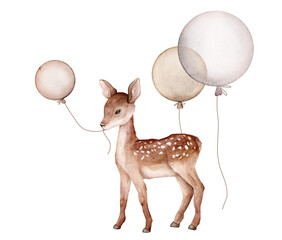 Watercolor Air Balloons and deer on isolated background. Hand drawn illustration for greeting cards with animal. Set of objects for party celebration. Happy birthday decor on pastel colors.