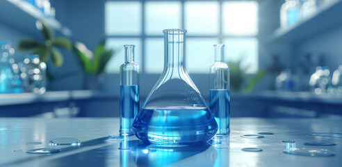 Laboratory glassware with blue liquid. Generative AI.