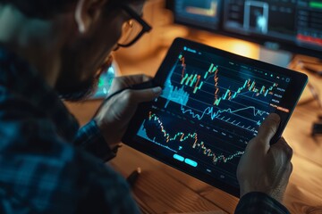 Wall Mural - A business professional closely studies a stock market graph displayed on a tablet device, analyzing financial data