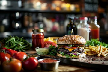Wall Mural - A gourmet burger with a variety of fresh toppings and condiments, served alongside crispy French fries on a wooden cutting board