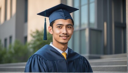 Wall Mural - immigrant graduate student guy portrait wearing graduation hat and gown from Generative AI