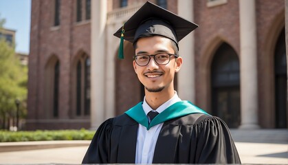 Wall Mural - immigrant graduate student guy portrait wearing graduation hat and gown from Generative AI