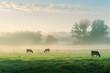 A herd of cattle peacefully grazing on a lush green field in the morning fog
