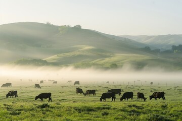 Wall Mural - A herd of cattle peacefully grazing on a lush green field in the morning fog