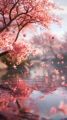 Canvas Print - Asian garden with sakura trees and pond. Landscape with cherry blossom falling in lake with bokeh light. Springtime fine art background.