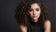 © Arceli - beautiful hispanic female fashion model with curly hair close-up portrait posing on plain black background from Generative AI