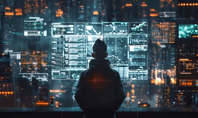 technology, computer, cyber, hacker, futuristic, network, code, coding, security, artificial intelligence. programmer stand middle coding HUD. to find something for fix bug or error via hacker, virus.