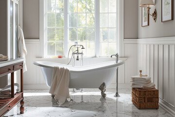 Wall Mural - an elegant white bathroom with gray walls and flooring, including a claw foot tub