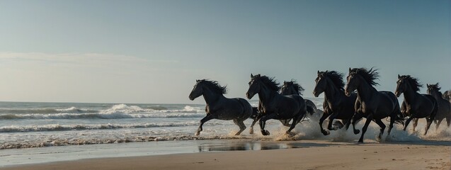 Wall Mural - Herd of Friesian black horses galloping on beach