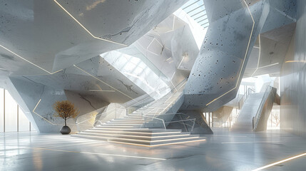 Aufkleber - The lobby for a mineral exhibition hall with a second-floor glass railing, void structure, and geometric growth structures. The design includes strong. Generative AI.