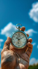 Cropped hand of man holding stopwatch against sky