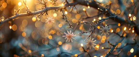 Wall Mural - Firework-shaped ornaments dangling from the branches , professional photography and light