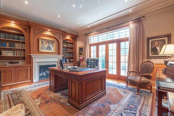 Wall Mural - an empty office with a large rug and a fireplace in the corner