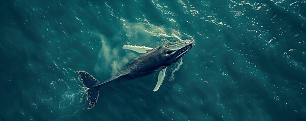 Wall Mural - Aerial view of a humpback whale diving back under the surface of the Atlantic Ocean in the Hamptons, New York United States.