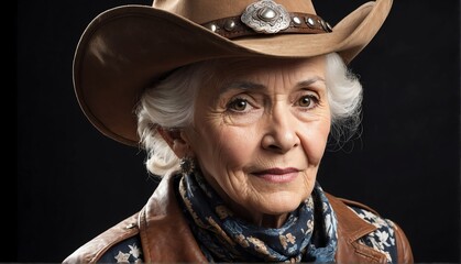 Wall Mural - beautiful elderly female fashion model on cowboy outfit close-up portrait posing on plain black background from Generative AI