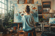 A young female artist seen from behind at home with her paintings