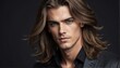 handsome australian male fashion model with flowing long hair close-up portrait posing on plain black background from Generative AI