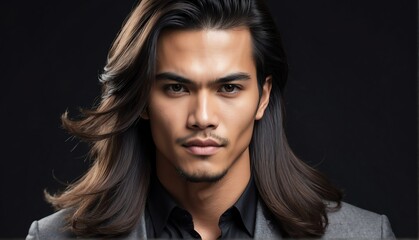 Wall Mural - handsome filipino male fashion model with flowing long hair close-up portrait posing on plain black background from Generative AI