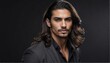 handsome hispanic male fashion model with flowing long hair close-up portrait posing on plain black background from Generative AI