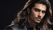 handsome hispanic male fashion model with flowing long hair close-up portrait posing on plain black background from Generative AI