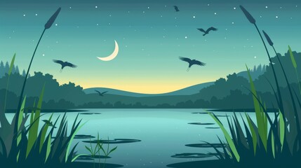 Wall Mural - Cattail and green swamp near lake, early morning modern background. Pond with bulrush in park. Calm water surface in river cartoon illustration. Wild environment with crescent and flying birds.