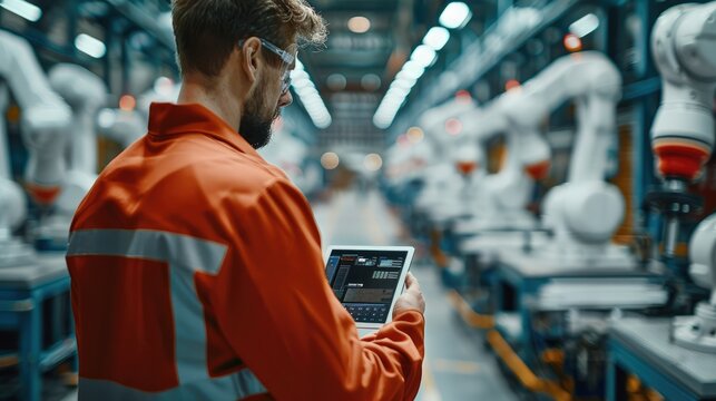 Production shop floor manager holding a tablet overseeing the modern robot arms. Generative AI.