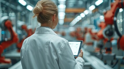 Leinwandbilder - Production shop floor manager holding a tablet overseeing the modern robot arms. Generative AI.