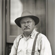 Historische Nostalgische alte Fotografie eines Mannes mit Hut im Retro sephia Ton Farbe, ai generativ