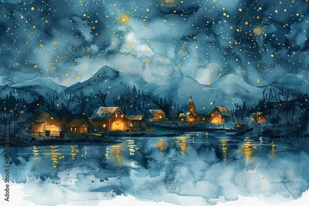 This lovely watercolor painting captures a night sky filled with ...