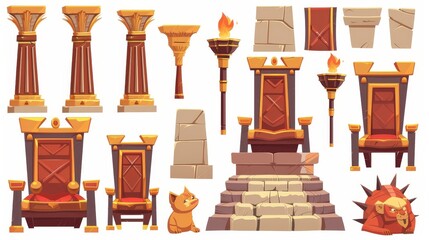 Wall Mural - Egyptian throne of pharaoh for god temple cartoon modern set. Crocodile wall construction and Egyptian indoor column symmetry. Cat sculpture with gold eye and torch symbol collection.