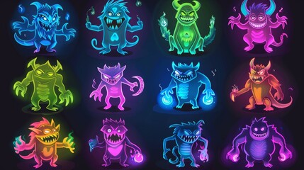 Canvas Print - Cartoon neon color monsters isolated on black background. Modern illustration of cute alien characters with funny and angry faces. Halloween characters in comic furry style.