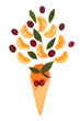 Surreal ice cream cone with tangerine, cranberry fruit and leaves on white background. Healthy fresh fun health food concept. High in antioxidants, anthocyanin, bio flavonoids and vitamin c.