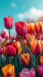 artistic close up of colorful tulips on mirror background with sky
