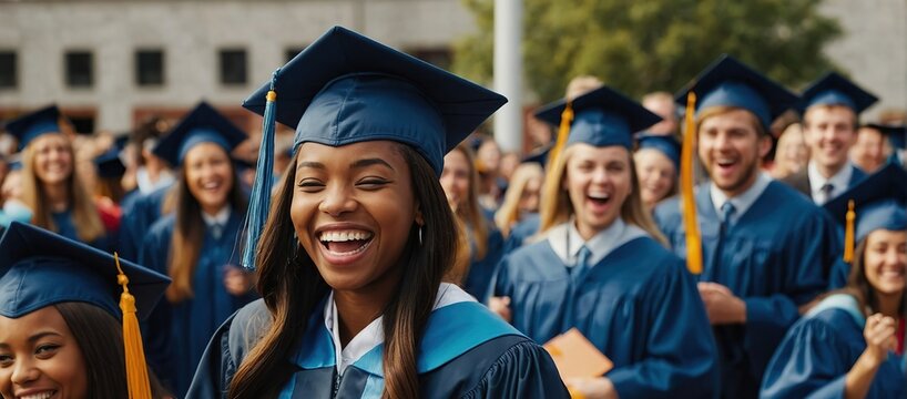 joyful young black woman in cap and gown laughing, with a crowd of graduates in the background